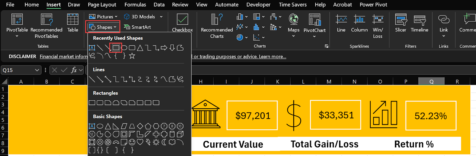 Add Header Excel Stock Portfolio Dashboard