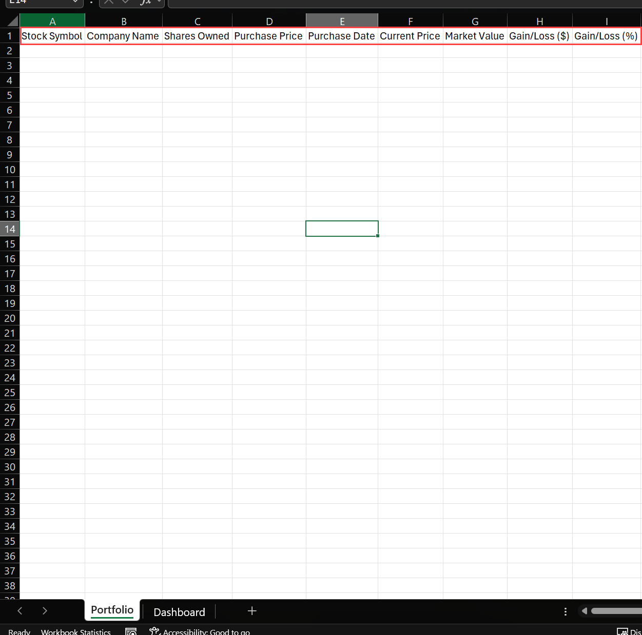 Column Headers Excel Stock Tracking