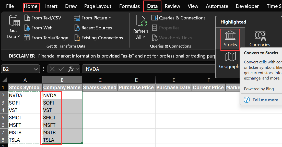 Enable Stock Data Type - Excel Stock Portfolio Tracker