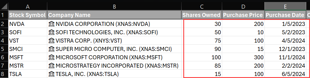 Enter Stock Purchase Information - Excel Stock Portfolio Tracker