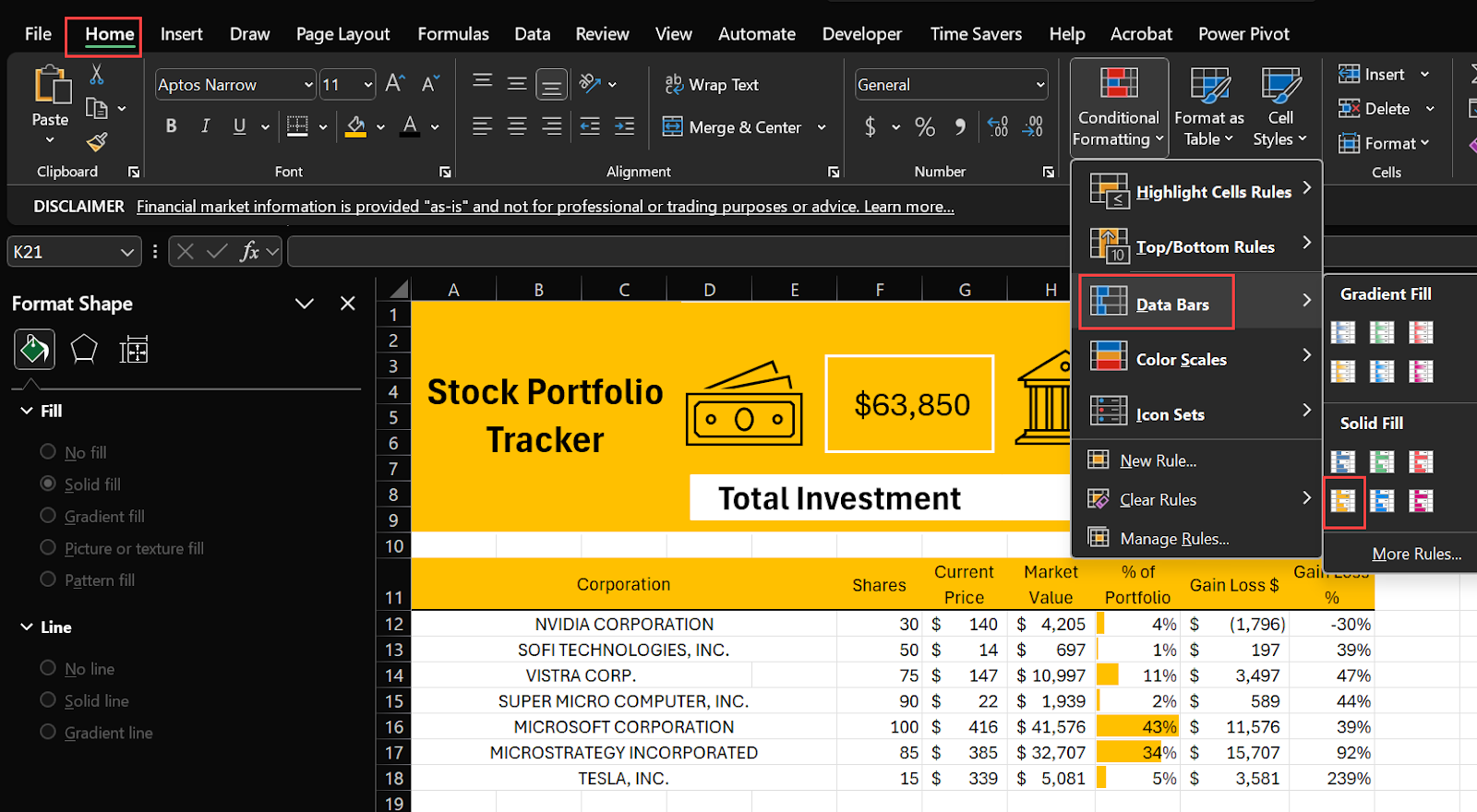 Excel Stock Portfolio Visual Data