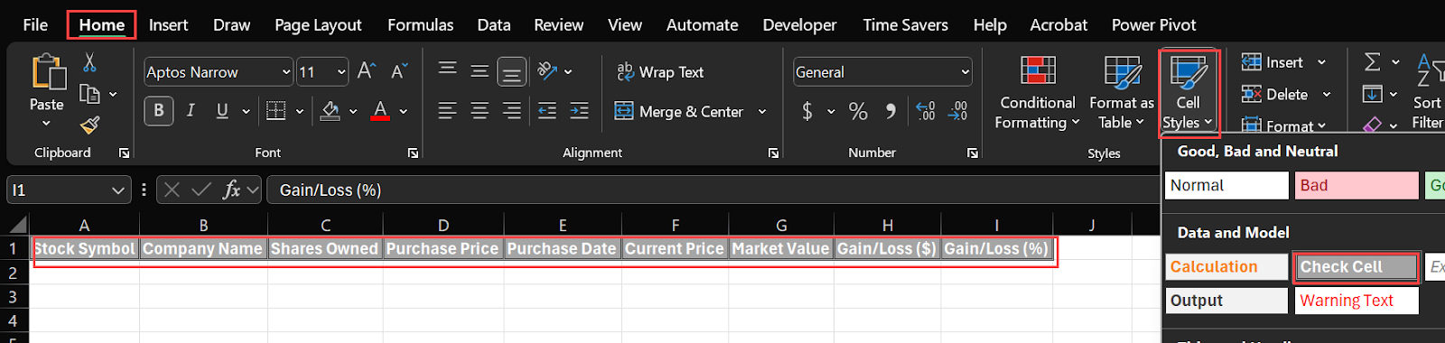 Format Column Headers Excel Stock Tracking