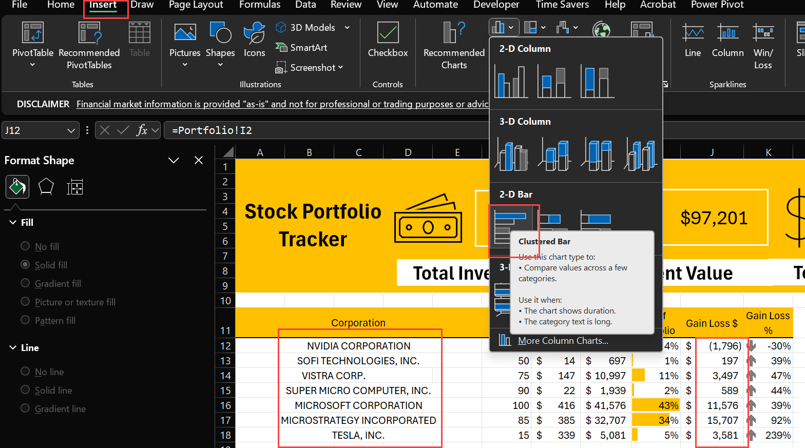 Stock Portfolio Performance Bar Chart