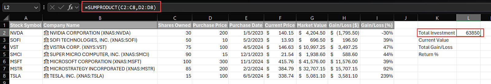 Total Investment Excel Stock Portfolio Calculation