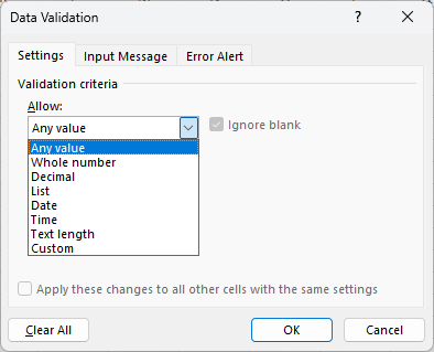 excel types of data validation