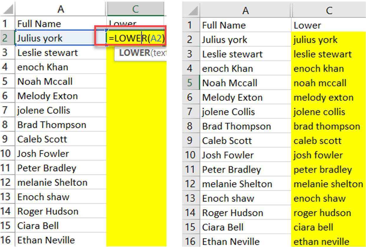 how to convert text to lowsercase in excel