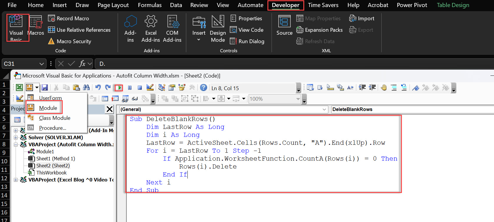 how to remove blank lines in excel via vba